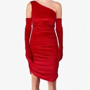 Revolve Miscreants London One Shoulder Midi Red Velvet Dress with Gloves